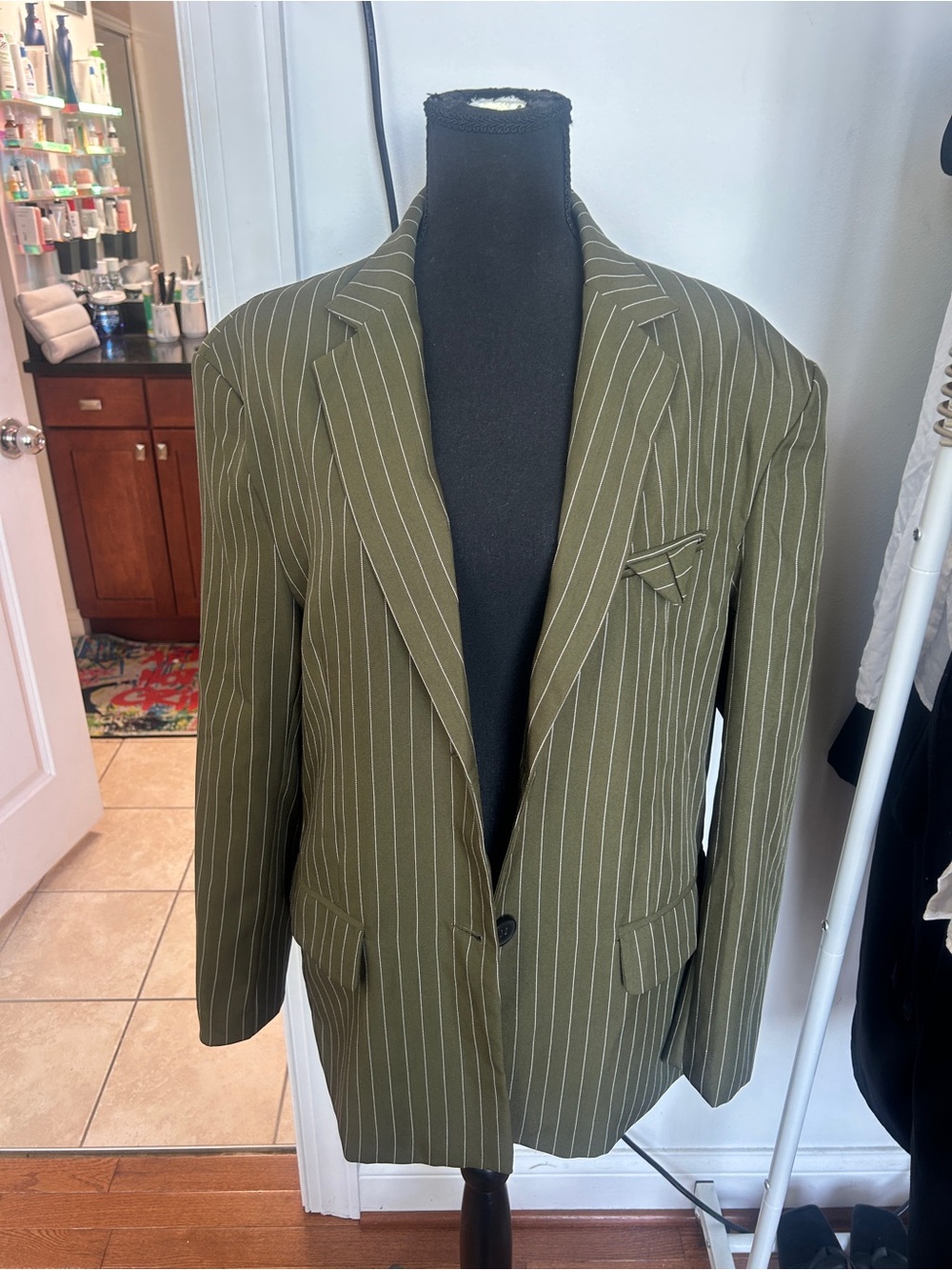 Missguided Olive Green Pinstripe Blazer with White Stripes